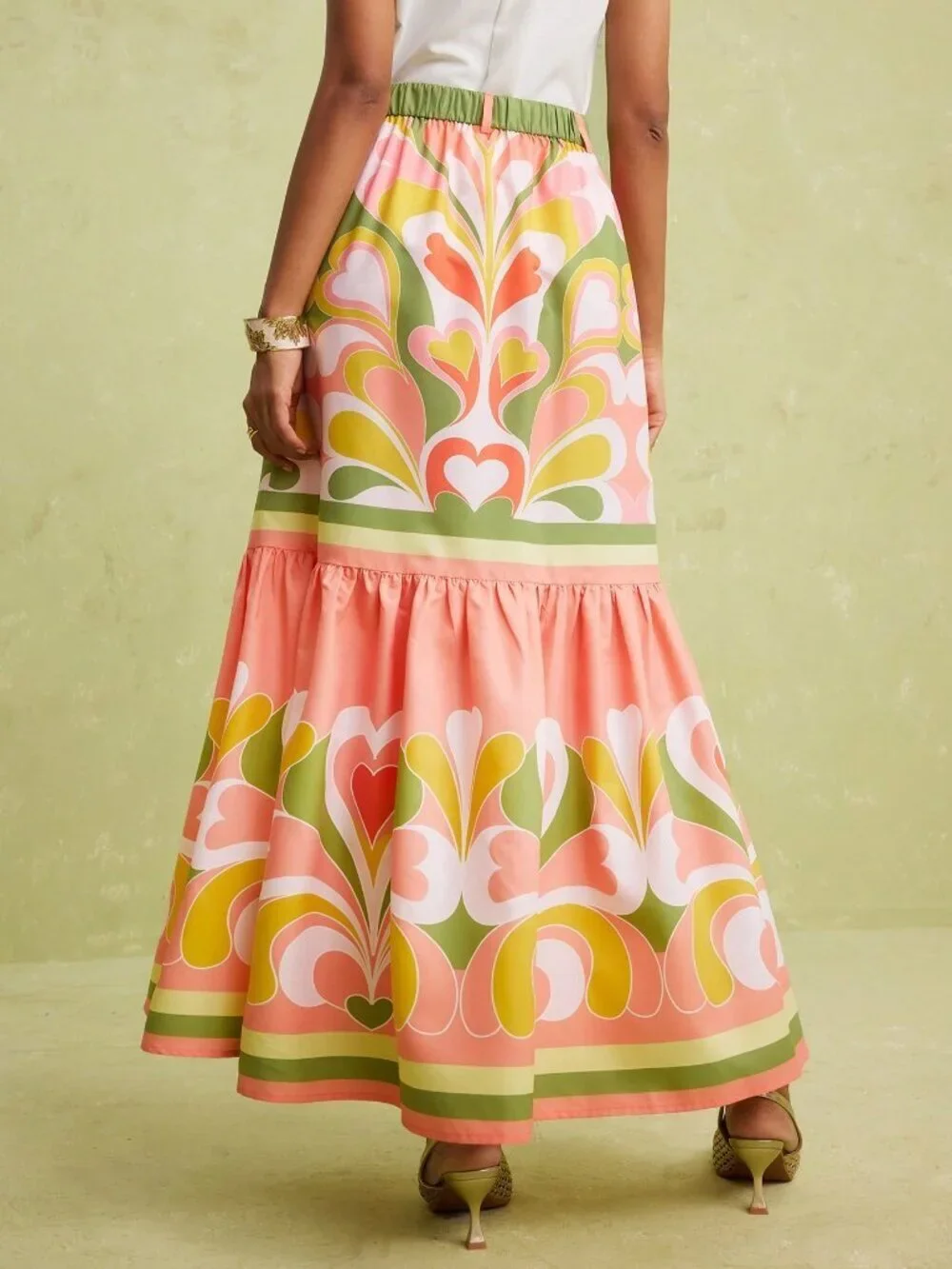 Multicolor Boho Women's Elegant Tea Party Heart Print Front Slit Skirt